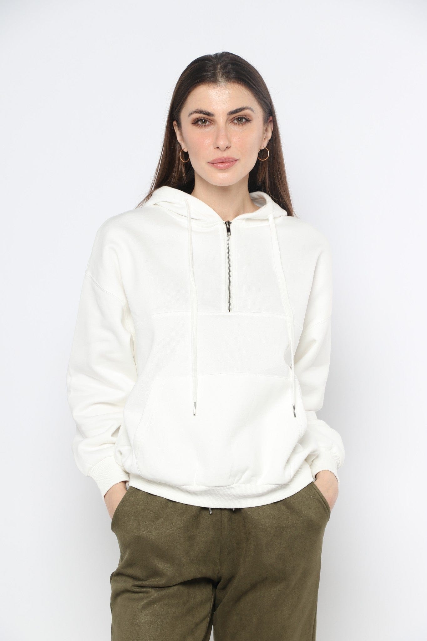 ميكا بلوزة بسحاب من أعلى وجيوب بقبعة ورباط بأكمام طويلة