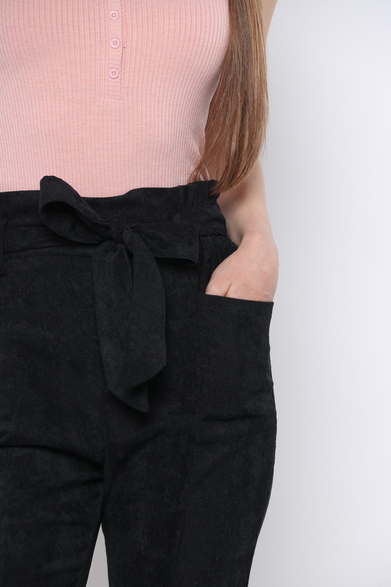 ميكا بنطلون طويل سادة بخصر مرتفع برباط عريض