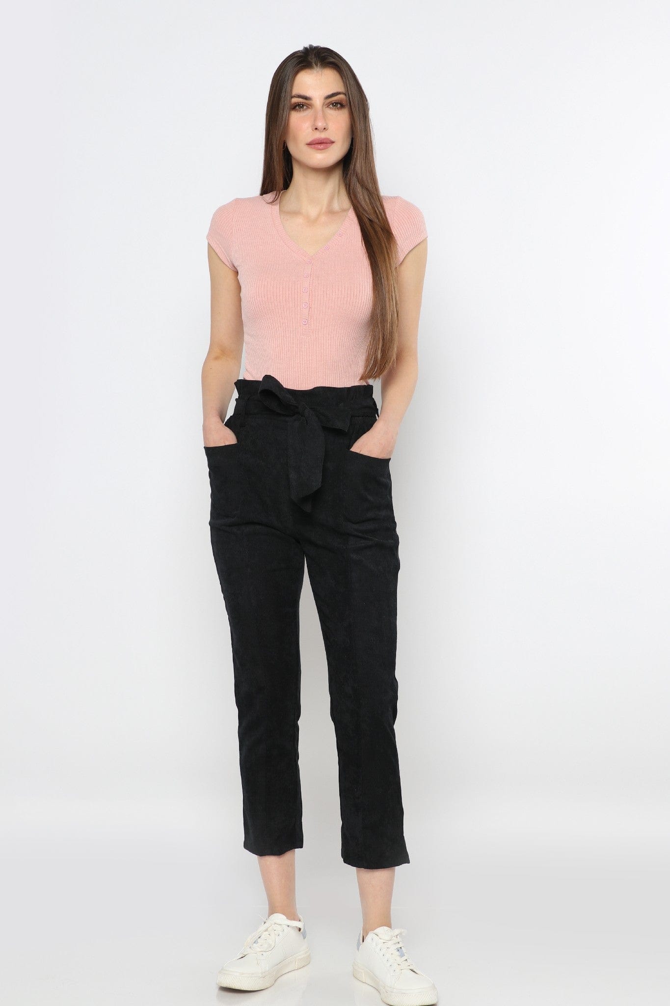 ميكا بنطلون طويل سادة بخصر مرتفع برباط عريض