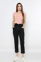 ميكا بنطلون طويل سادة بخصر مرتفع برباط عريض