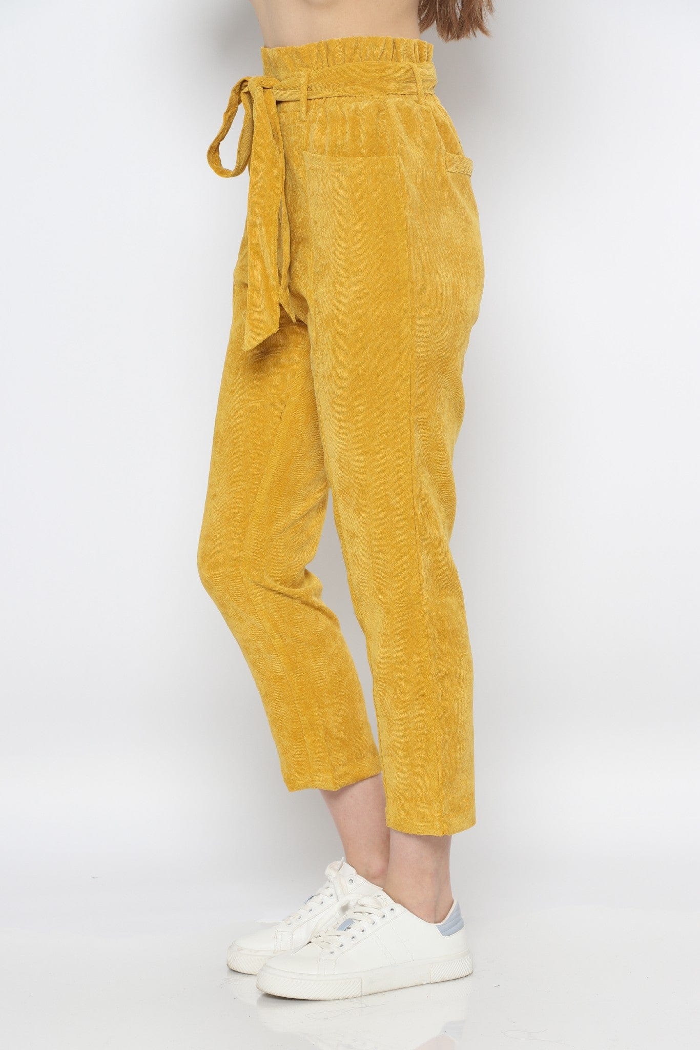 ميكا بنطلون طويل سادة بخصر مرتفع برباط عريض