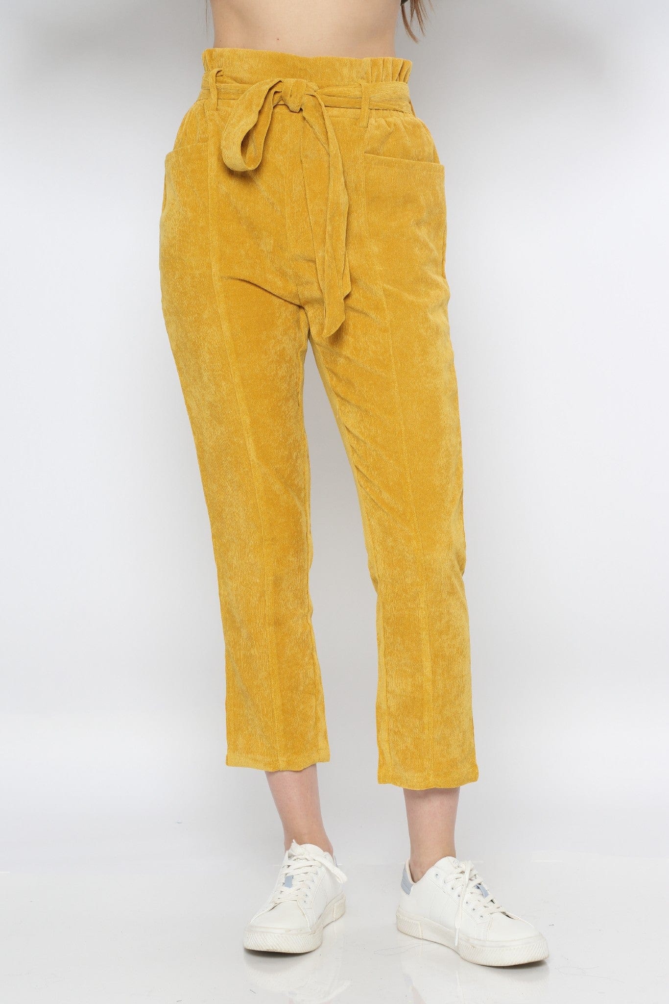 ميكا بنطلون طويل سادة بخصر مرتفع برباط عريض