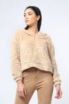 ميكا بلوزة فرو بسحاب وقبعة بأكمام طويلة