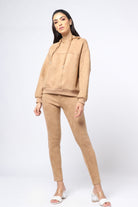 ميكا بلوزة سادة برباط وقبعة بأكمام طويلة