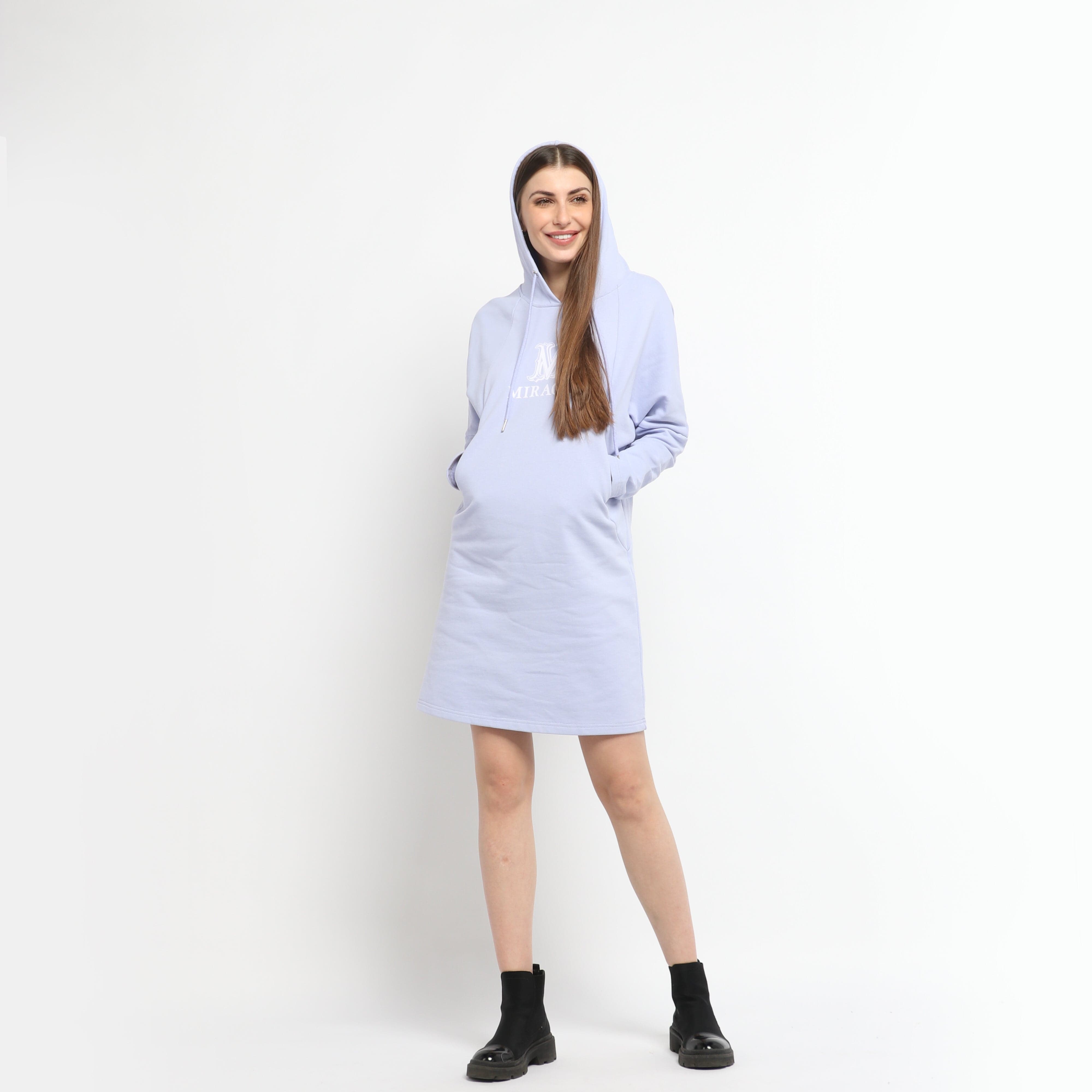 ميكا فستان قصير بطبعة على الصدر بأكمام طويلة وجيوب جانبية