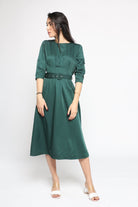 ميكا فستان ميدي سهرة بوليستر بحزام خصر كم قصير