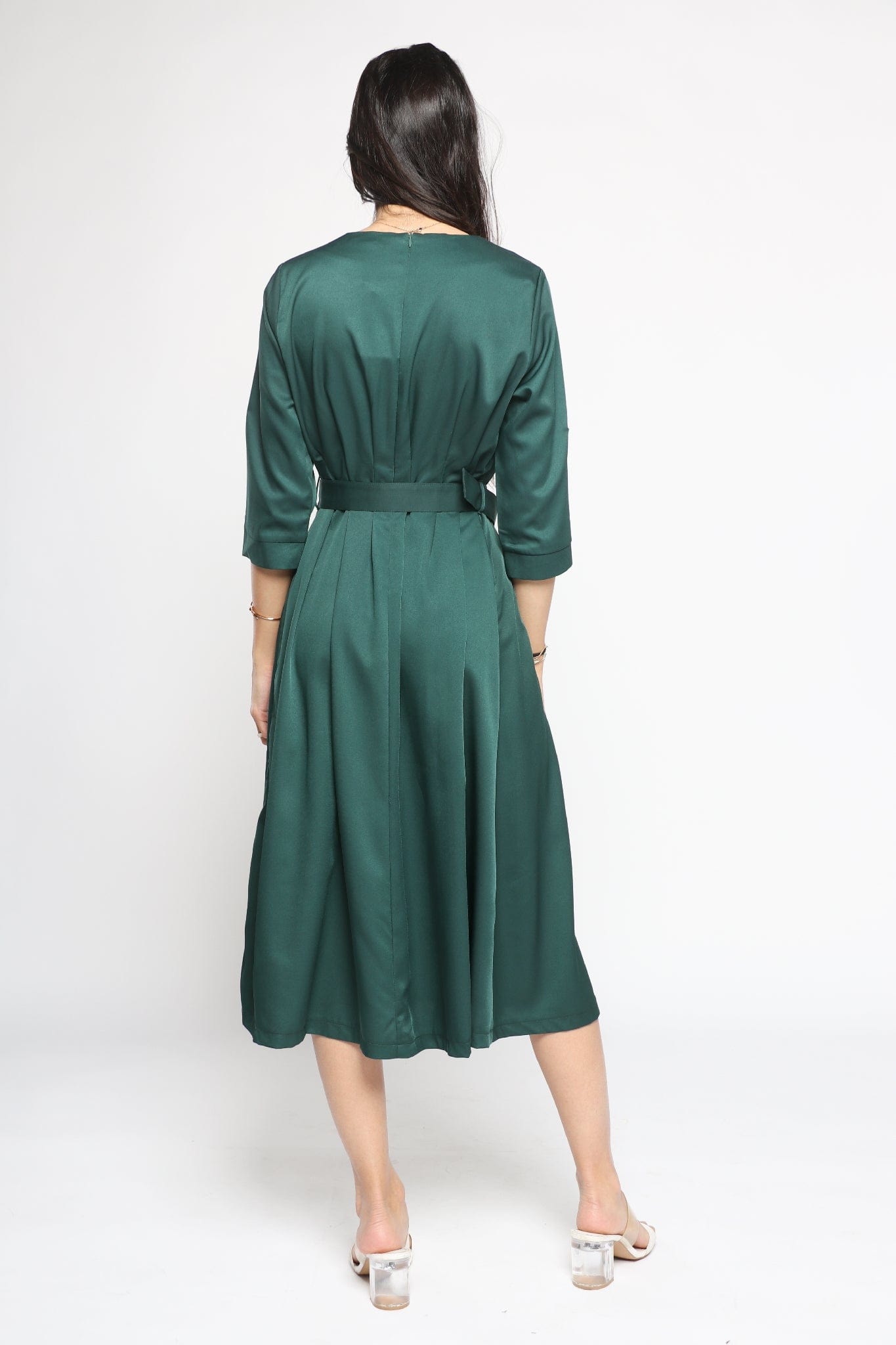 ميكا فستان ميدي سهرة بوليستر بحزام خصر كم قصير