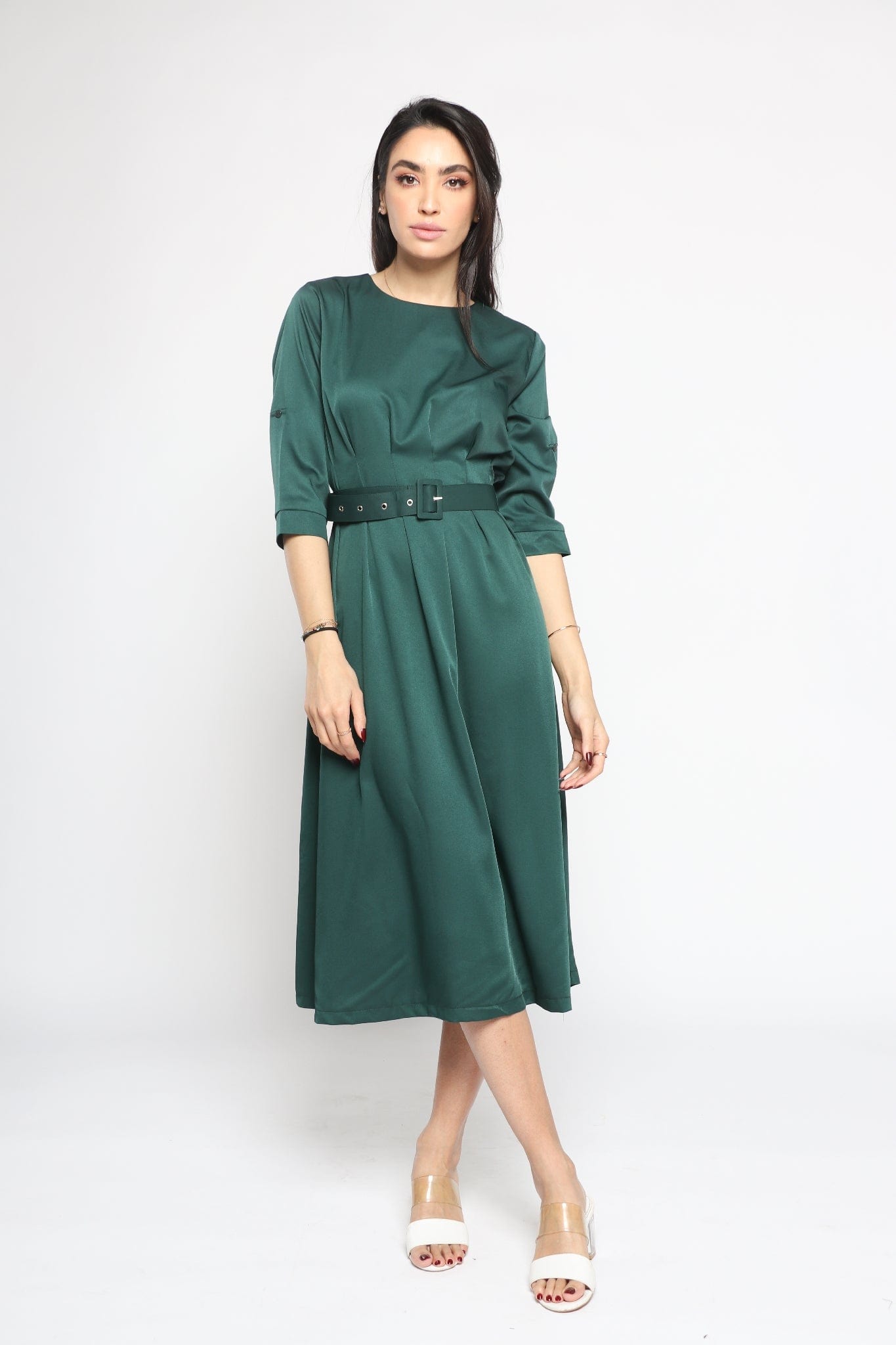 ميكا فستان ميدي سهرة بوليستر بحزام خصر كم قصير