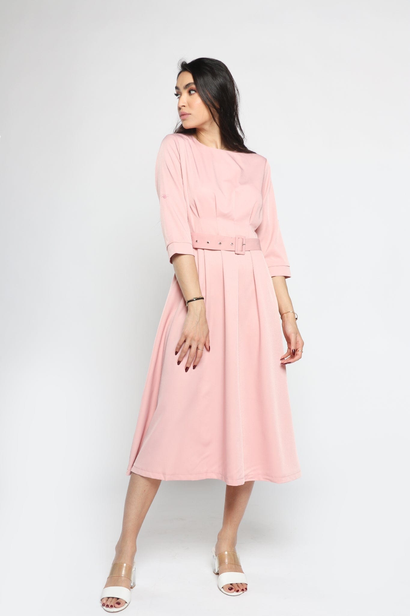 ميكا فستان ميدي سهرة بوليستر بحزام خصر كم قصير