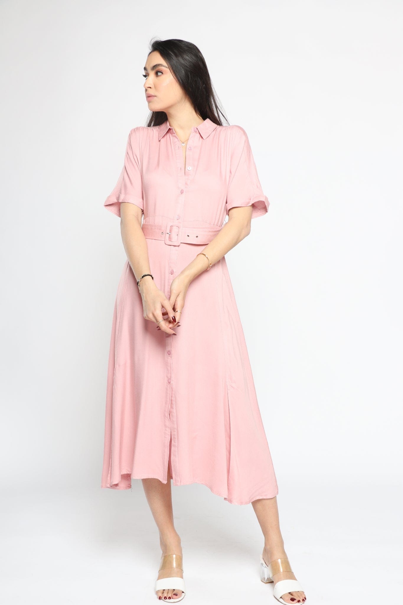 ميكا فستان ميدي سهرة بوليستر بحزام خصر كم قصير