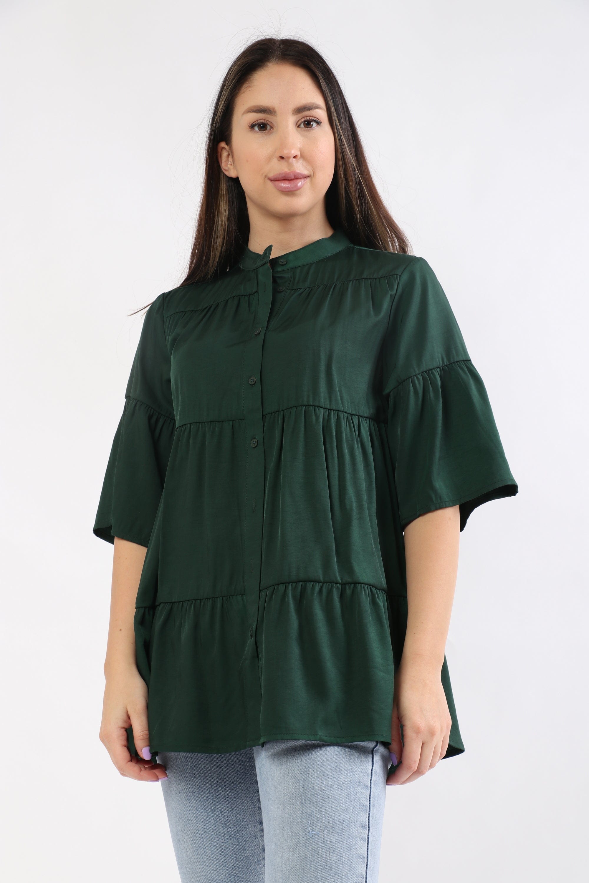 ميكا بلوزة سادة مكشكشة 3/4 كم بأزرار أمامية