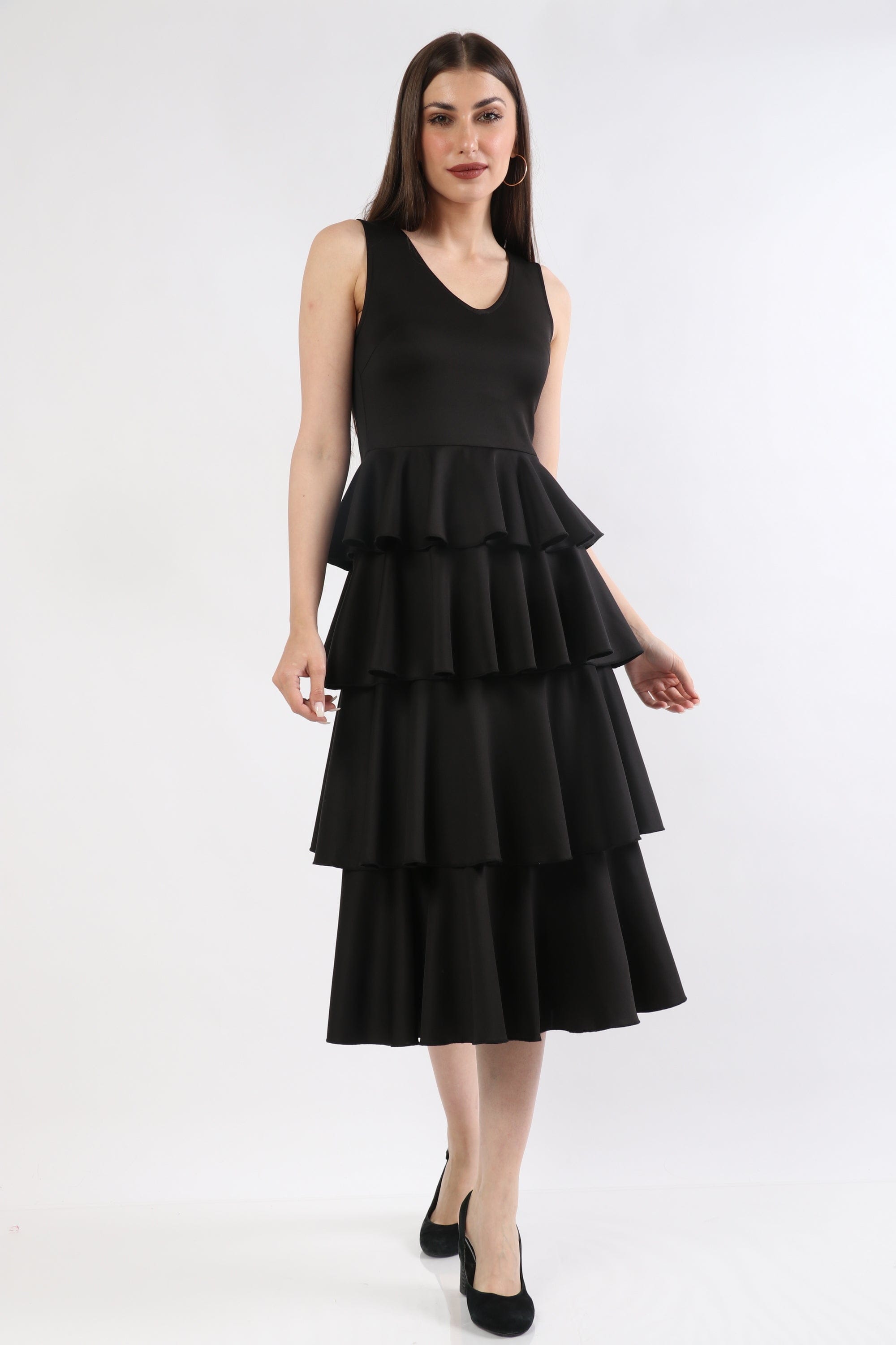 ميكا فستان ميدي بدون أكمام طبقات بفتحة صدر V