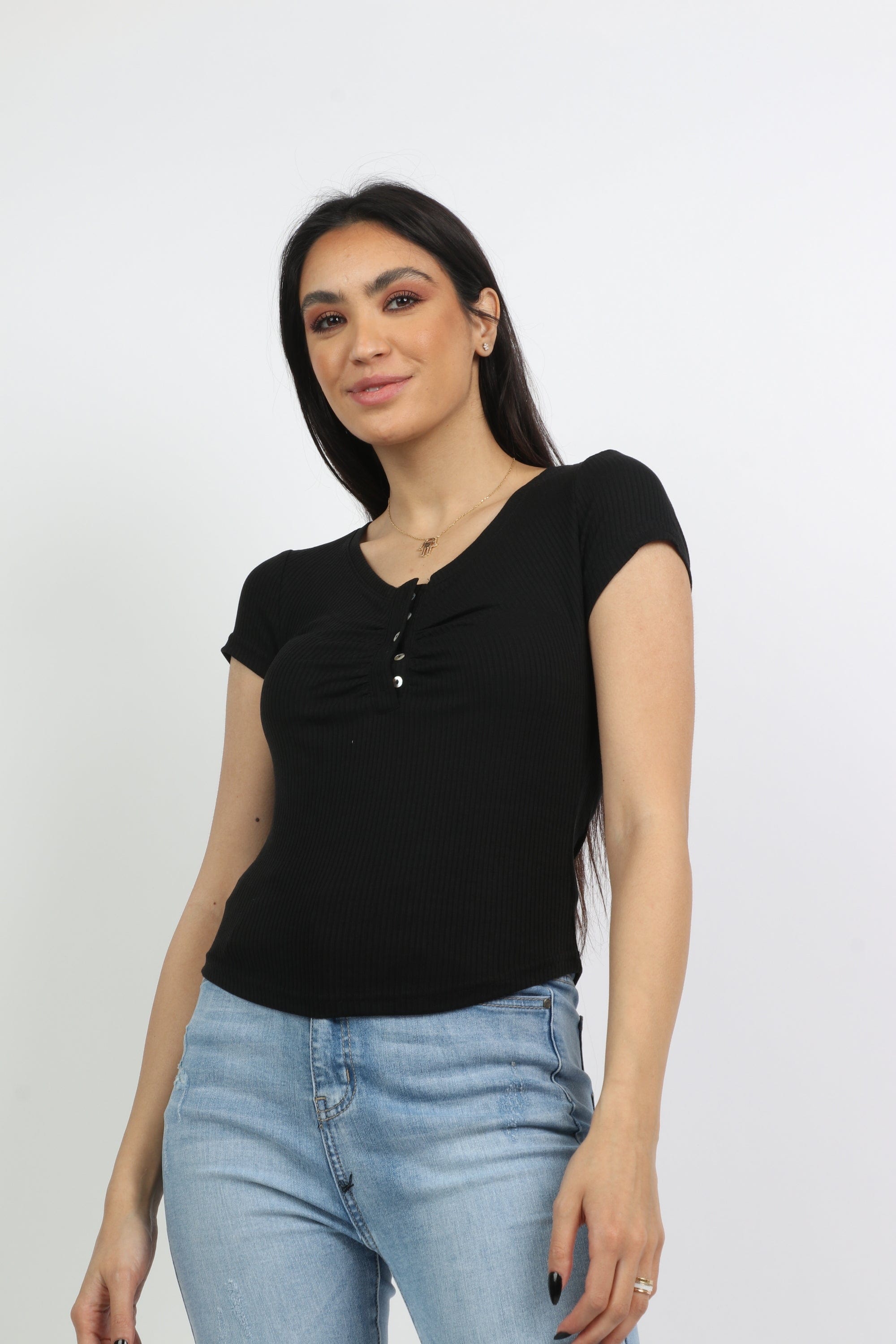 ميكا بلوزة قطنية بأزرار أمامية على الصدر كم قصير نسائي