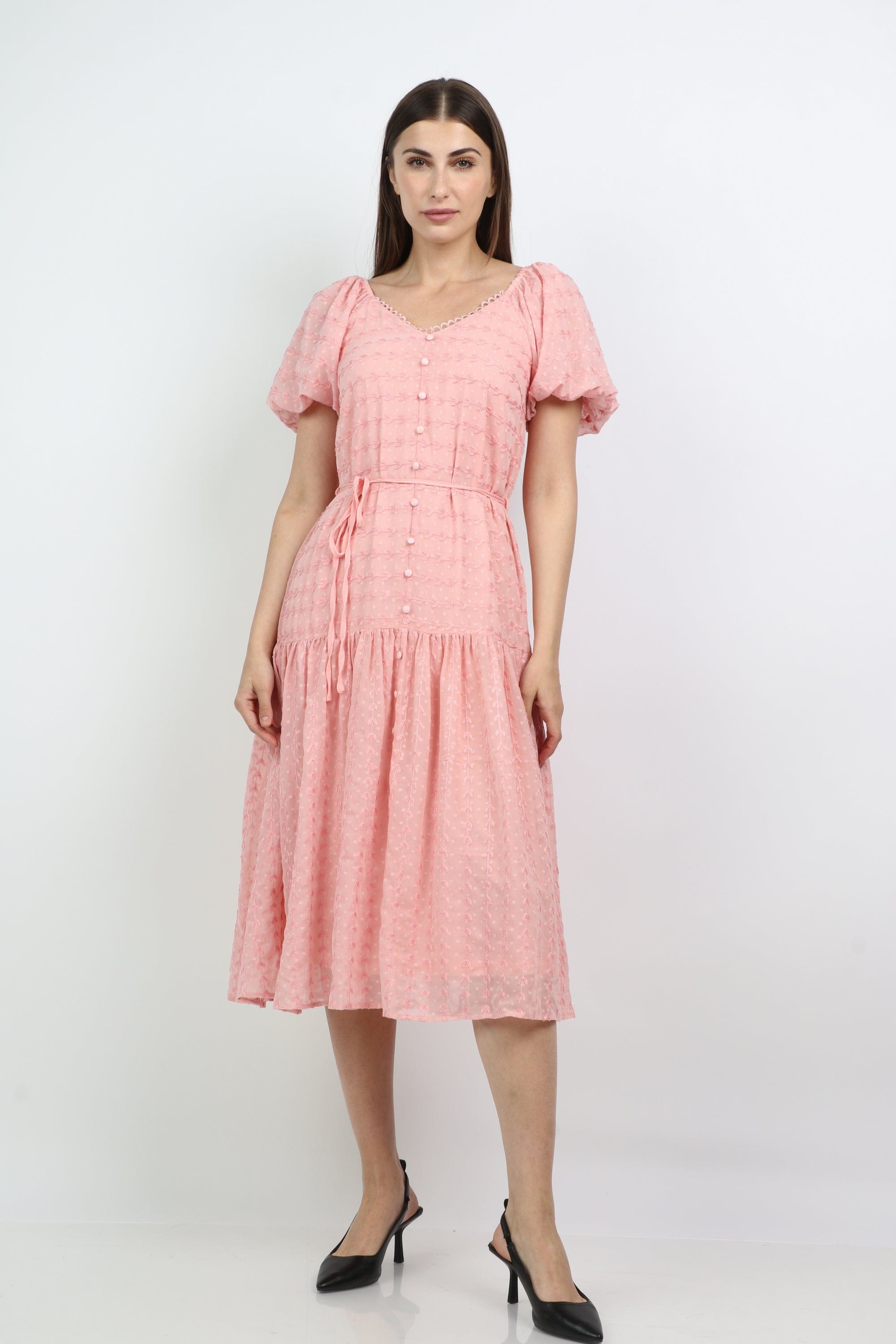 ميكا فستان ميدي بخصر مزين بأزرار أمامية بكم قصير