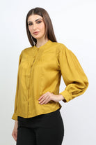 ميكا بلوزة مكشكشة من الصدر أزرار أمامية كم طويل نسائي