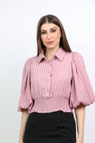 ميكا بلوزة كاروهات بوسط وياقة كم طويل منفوخ نسائي