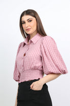 ميكا بلوزة كاروهات بوسط وياقة كم طويل منفوخ نسائي