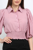 ميكا بلوزة كاروهات بوسط وياقة كم طويل منفوخ نسائي