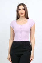 ميكا بلوزة ياقة مريعة بأزرار أمامية كم قصير نسائي