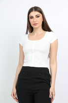 ميكا بلوزة ياقة مريعة بأزرار أمامية كم قصير نسائي