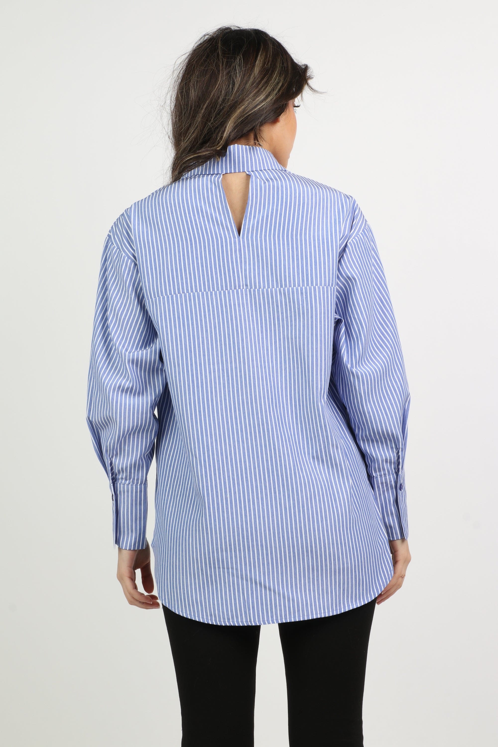 ميكا قميص مقلم بأسوارة عريضة كم طويل نسائي