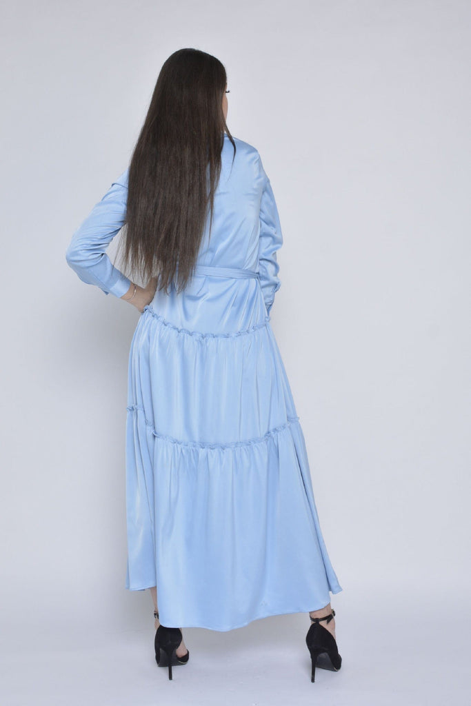 ميكا فستان ساتان طويل نمط قميص بحزام خصر كم طويل