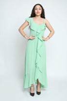 ميكا فستان طويل شيفون كريب بحمالات رفيعة وكشكشة بالطول