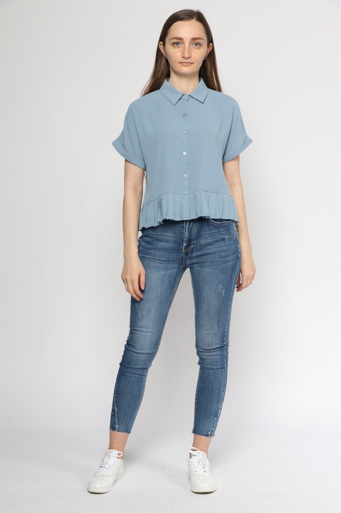 ميكا بلوزة رسمي ناعم كشكشة من أسفل بأزرار أمامية وياقة نسائي