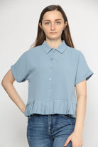 ميكا بلوزة رسمي ناعم كشكشة من أسفل بأزرار أمامية وياقة نسائي