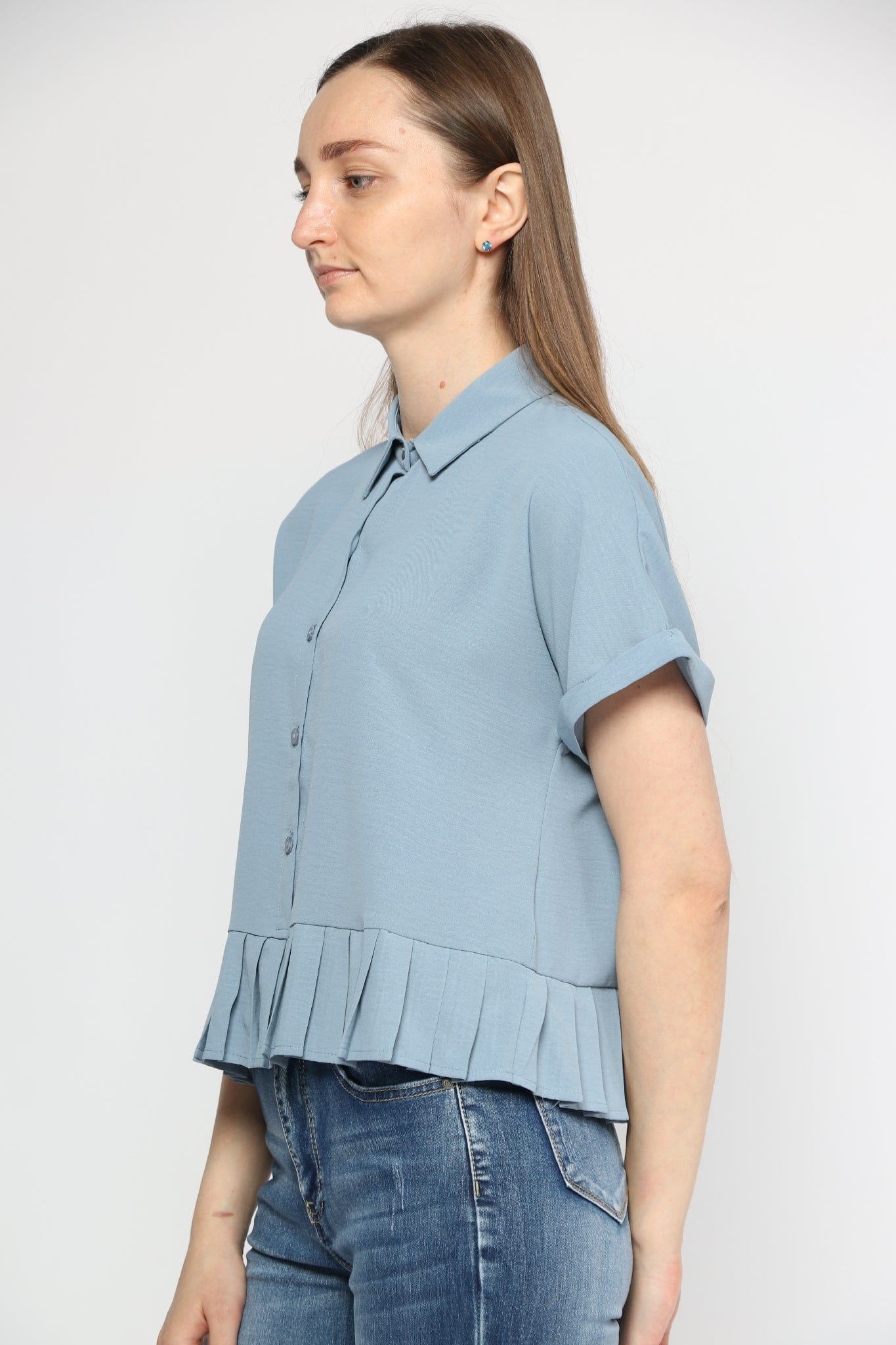 ميكا بلوزة رسمي ناعم كشكشة من أسفل بأزرار أمامية وياقة نسائي