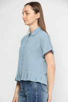 ميكا بلوزة رسمي ناعم كشكشة من أسفل بأزرار أمامية وياقة نسائي