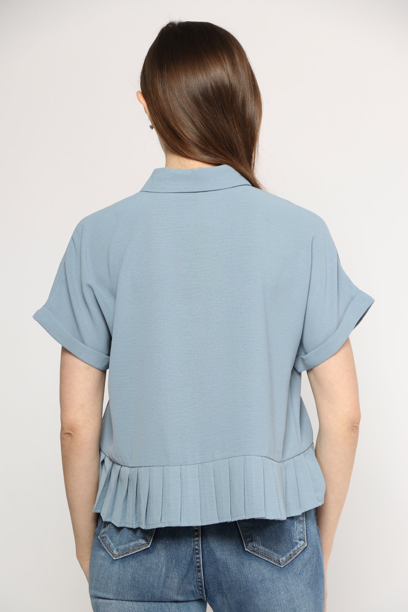 ميكا بلوزة رسمي ناعم كشكشة من أسفل بأزرار أمامية وياقة نسائي