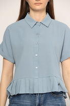 ميكا بلوزة رسمي ناعم كشكشة من أسفل بأزرار أمامية وياقة نسائي