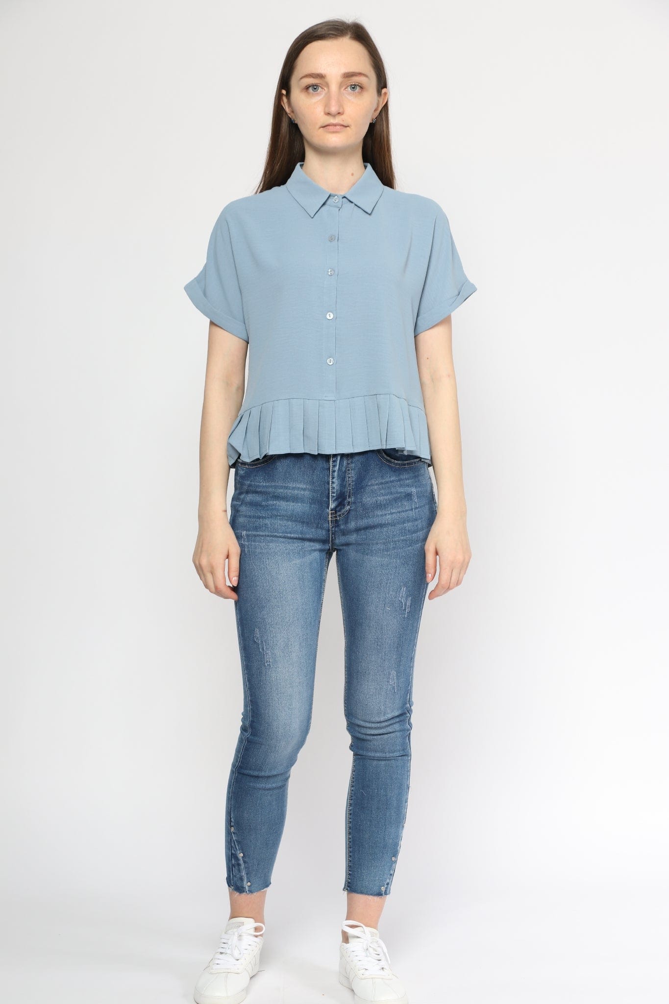 ميكا بلوزة رسمي ناعم كشكشة من أسفل بأزرار أمامية وياقة نسائي