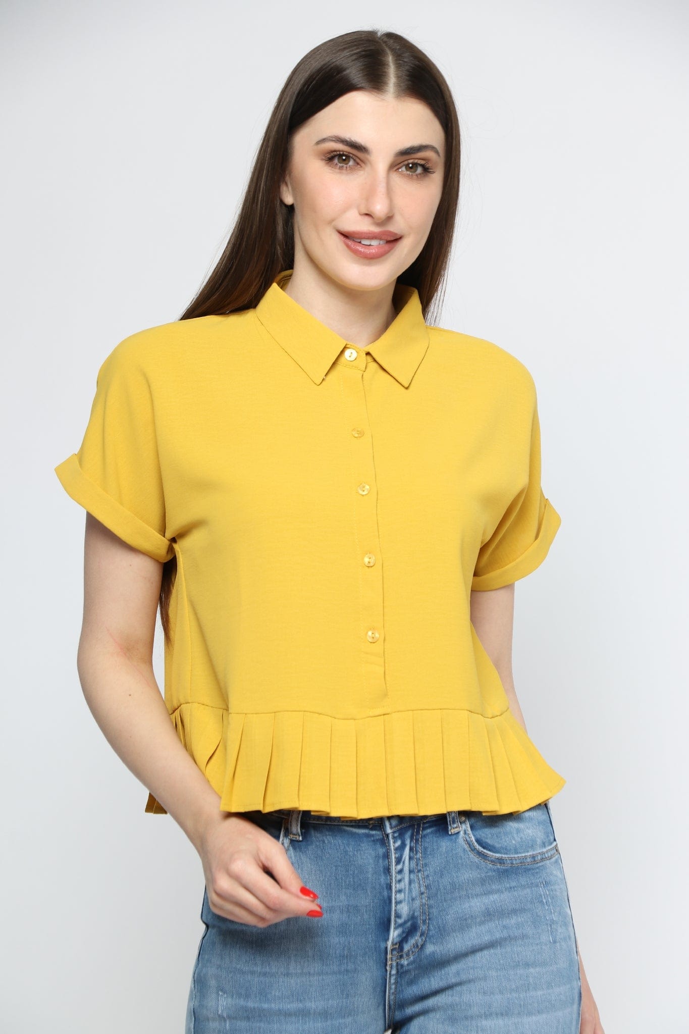 ميكا بلوزة رسمي ناعم كشكشة من أسفل بأزرار أمامية وياقة نسائي