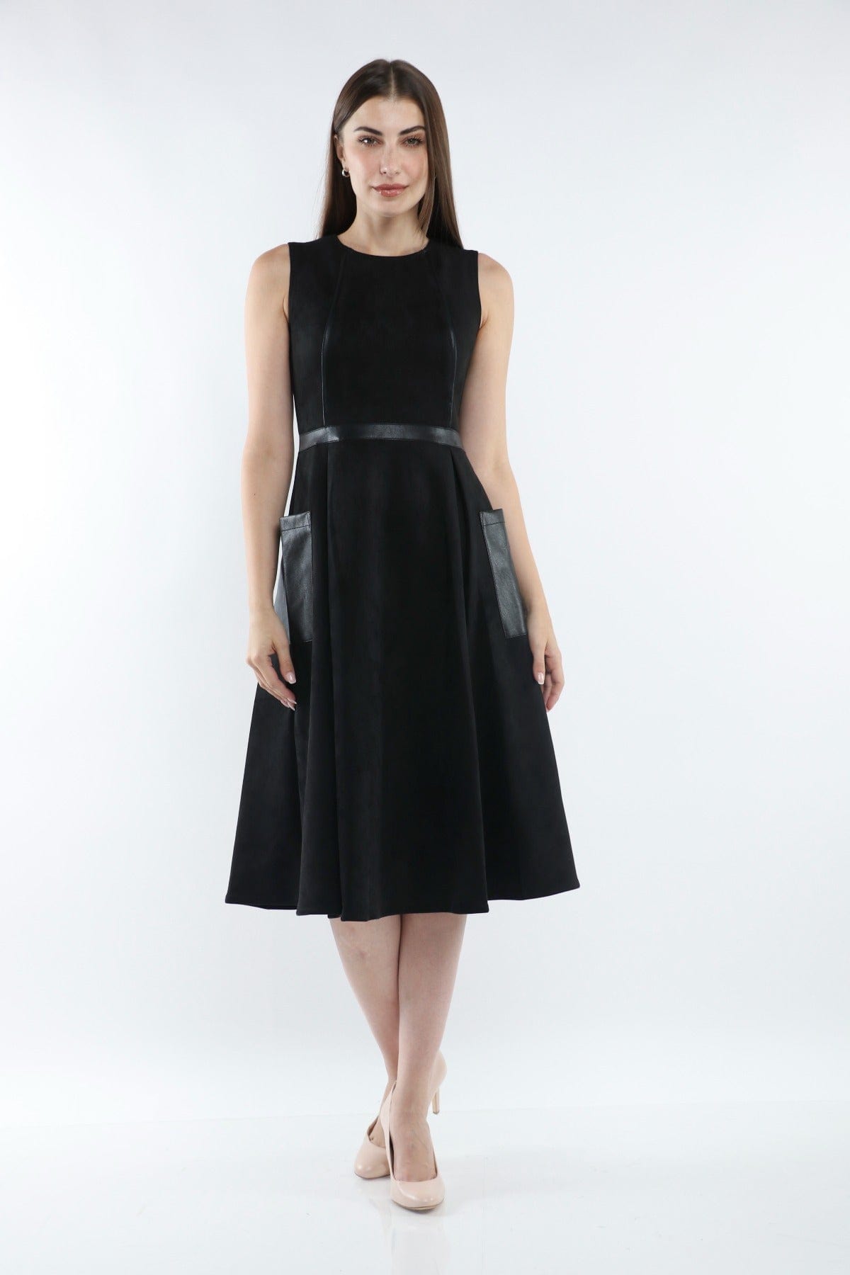 ميكا فستان ميدي بدون أكمام مخصر مزين بجيوب