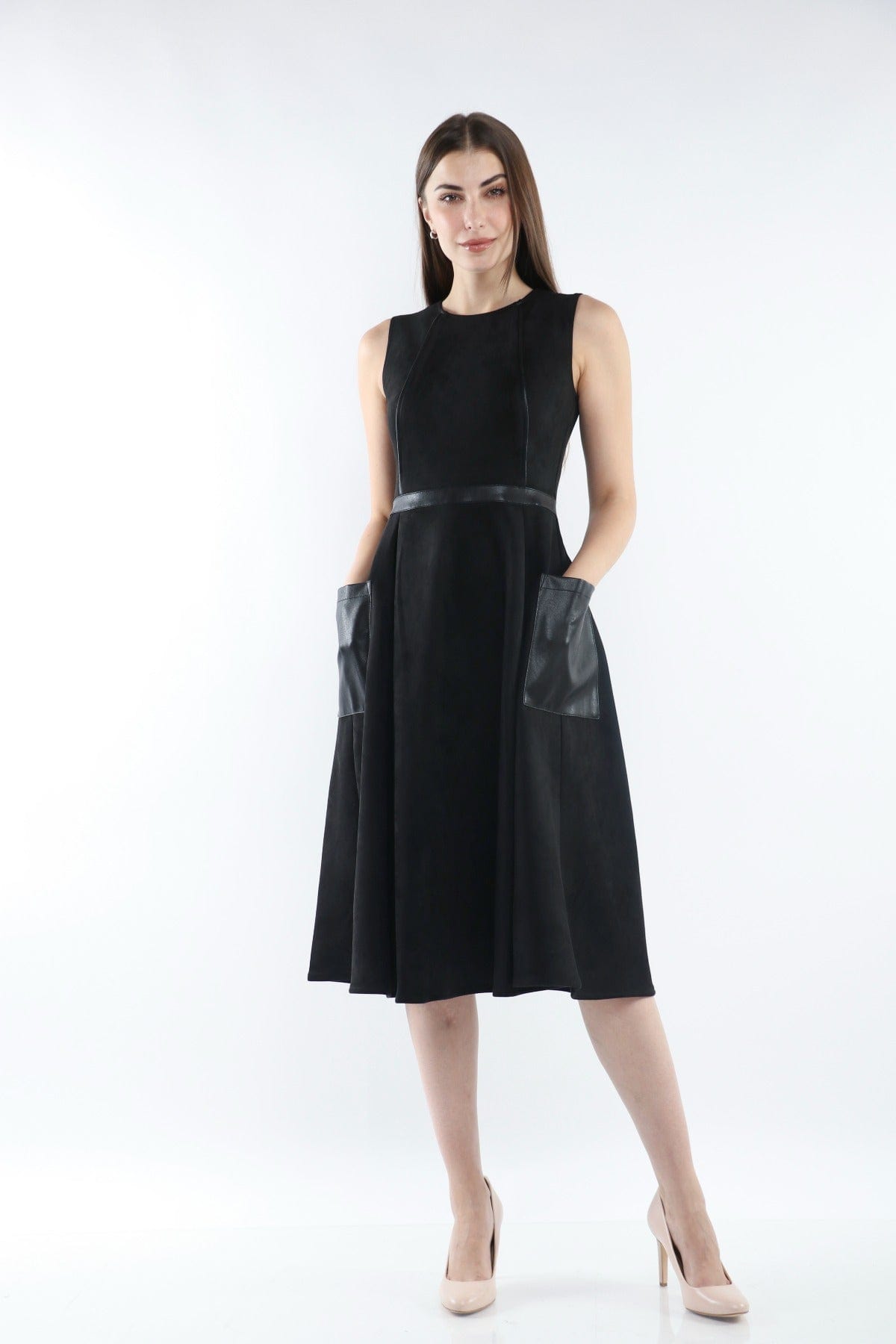 ميكا فستان ميدي بدون أكمام مخصر مزين بجيوب