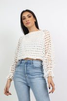 ميكا بلوزة مخرمة قصيرة بكم طويل نسائي أوف وايت