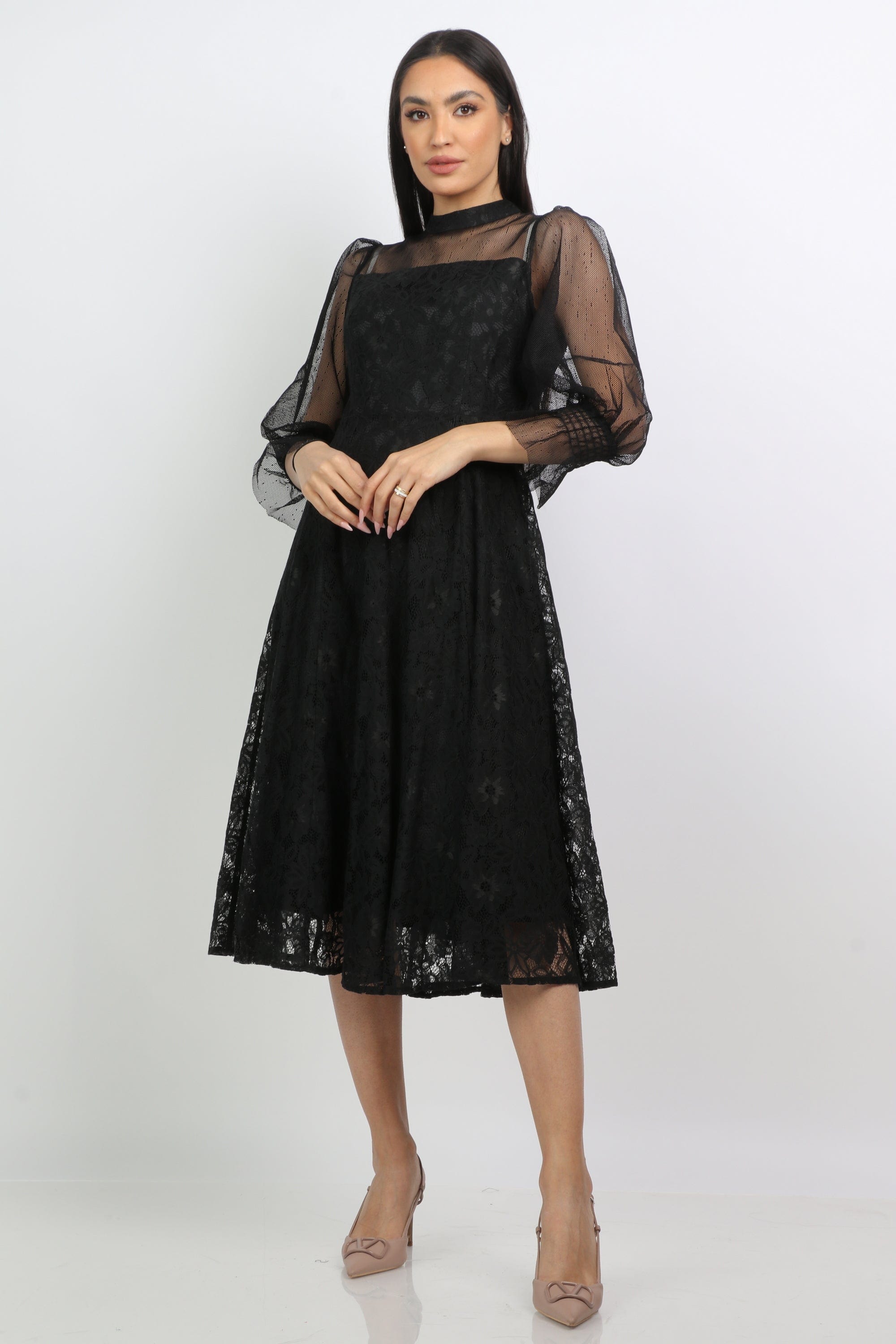 Shop Black Floral Midi Dress - A-Line Long-Sleeve