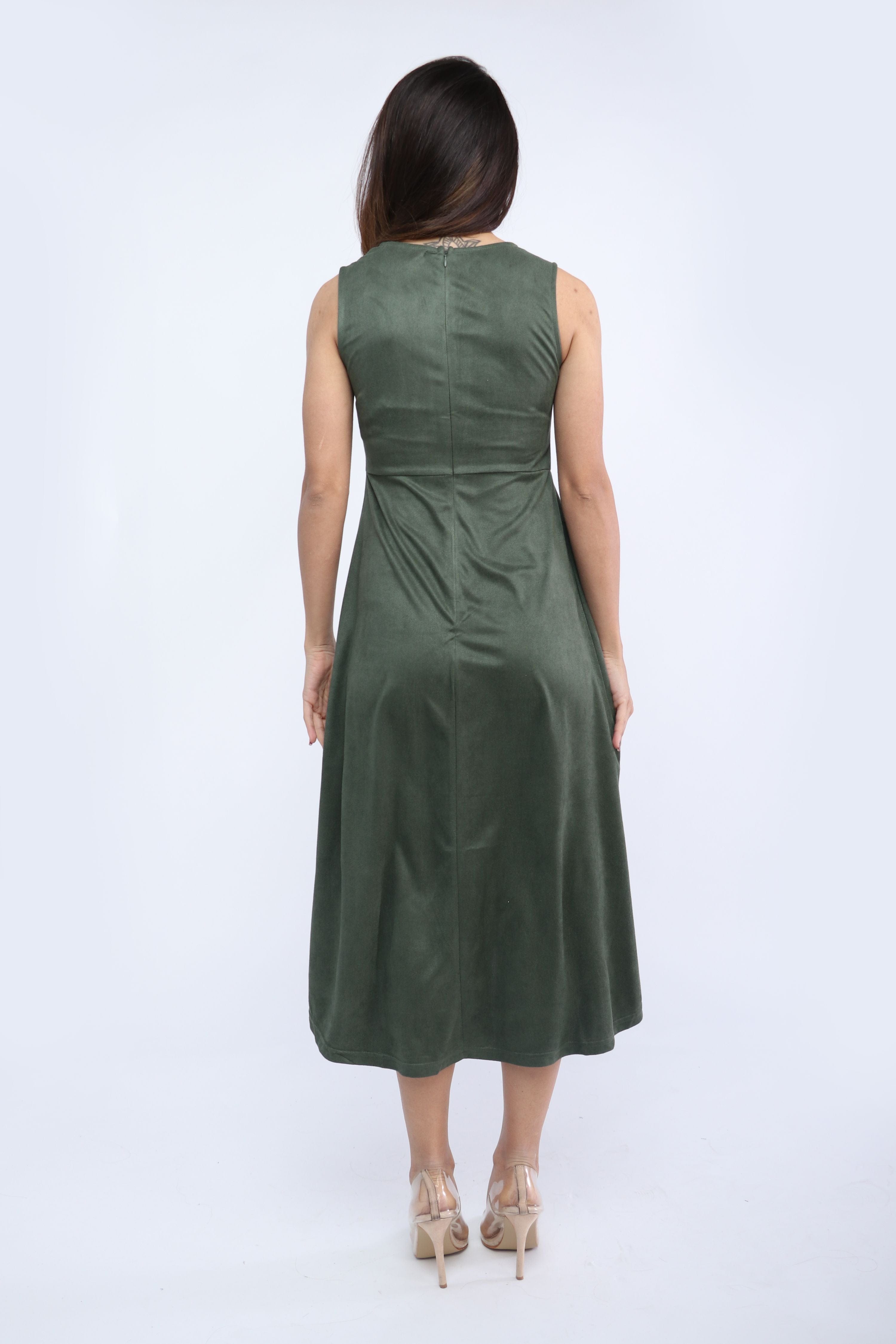 ميكا فستان ميدي بدون أكمام بياقة دائرية سادة