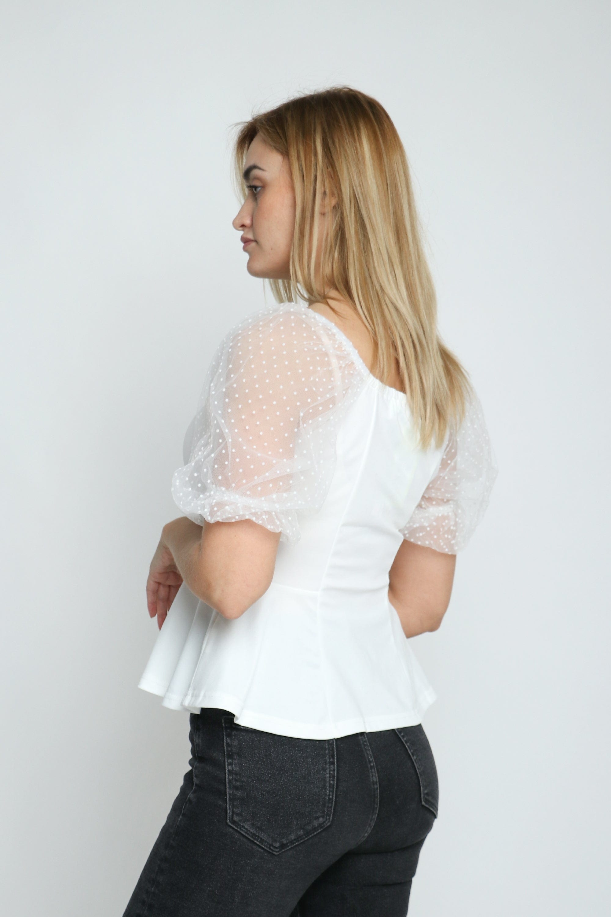 ميكا بلوزة سادة بأكمام شيفون منقطة نسائي