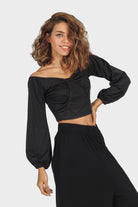 ميكا بلوزة نص بطن أوف شولدر كم طويل منفوخ نسائي