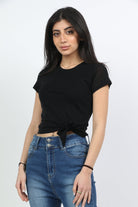 ميكا بلوزة سادة كم قصير بربطة خصر نسائي