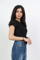 ميكا بلوزة سادة كم قصير بربطة خصر نسائي