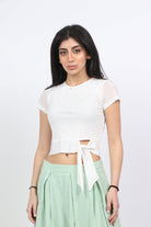 ميكا بلوزة سادة كم قصير بربطة خصر نسائي