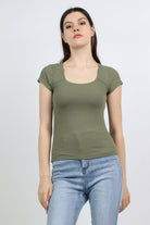 ميكا بلوزة بياقة مربعة أكمام قصيرة نسائي