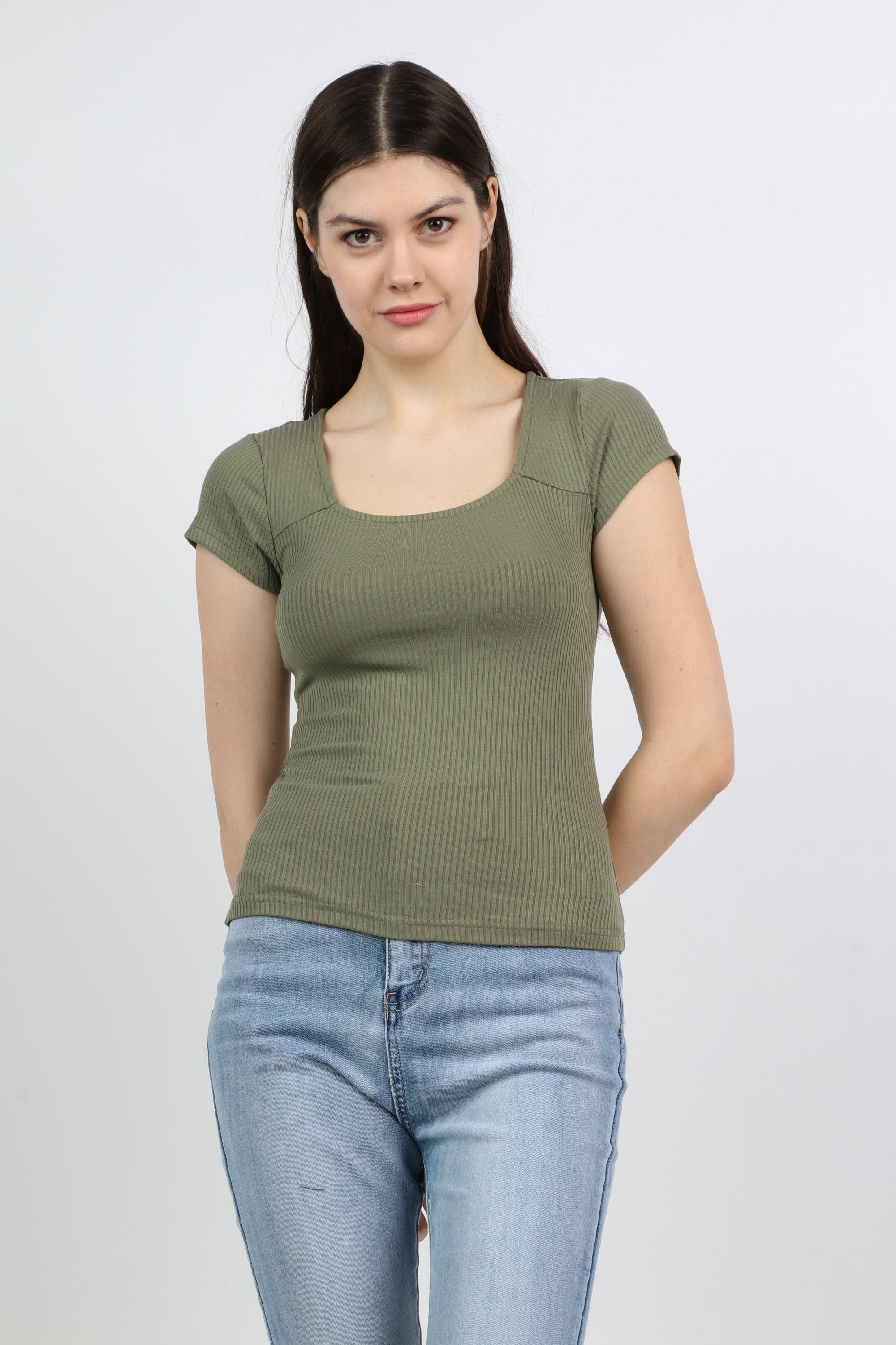 ميكا بلوزة بياقة مربعة أكمام قصيرة نسائي