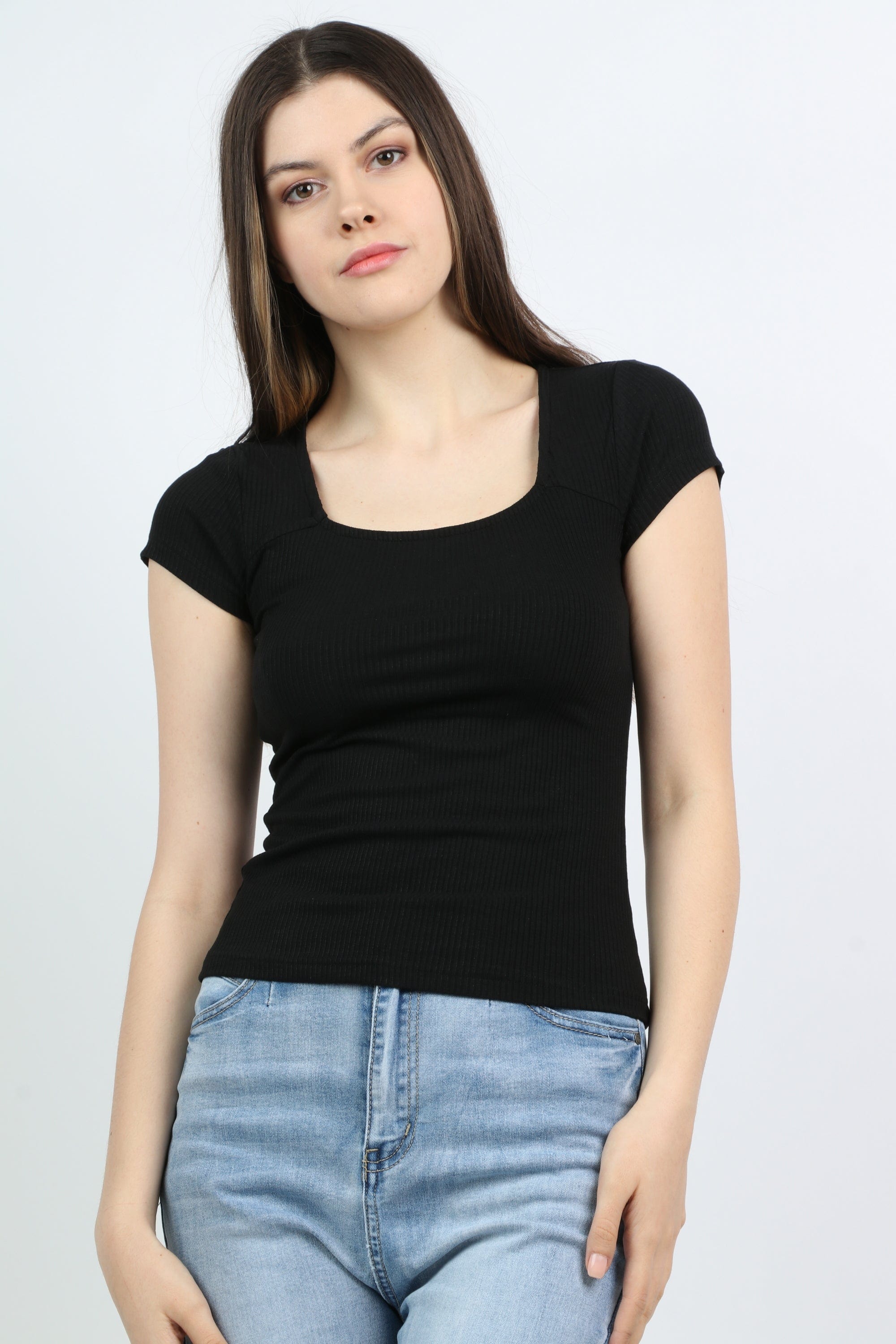 ميكا بلوزة بياقة مربعة أكمام قصيرة نسائي