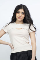 ميكا بلوزة كم قصير مفتوحة من الأمام رقبة دائرية نسائي