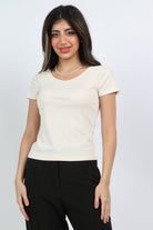 ميكا بلوزة سادة قصيرة الأكمام رقبة دائرية نسائي